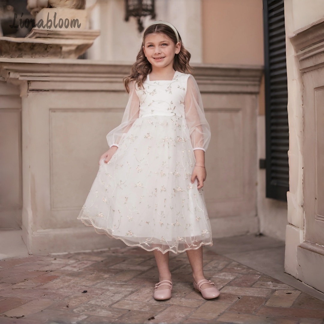 Embroidery Tulle - Özelleştirilmiş Çiçek Kız Elbisesi Baskılı Metinli
